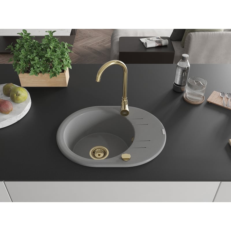 Mexen Kevin granite 1-bowl sink with drainer and kitchen faucet Telma, gray - 6517-71-670200-50