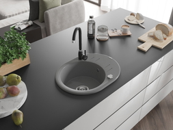 Mexen Kevin granite kitchen sink single bowl with drainer and Telma kitchen faucet, gray - 6517-71-670200-70
