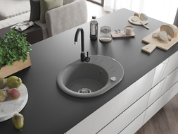 Mexen Kevin granite kitchen sink single bowl with drainer and Telma kitchen faucet, gray - 6517-71-670200-70