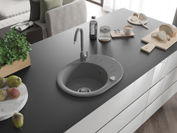 Mexen Kevin granite sink 1-bowl with drainer and Telma kitchen tap, grey - 6517-71-670200-71