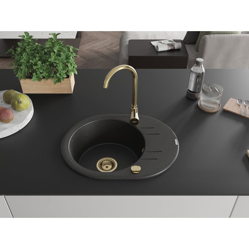 Mexen Kevin granite sink single-bowl with drainer and Telma kitchen faucet, black/silver metallic - 6517-73-670200-50
