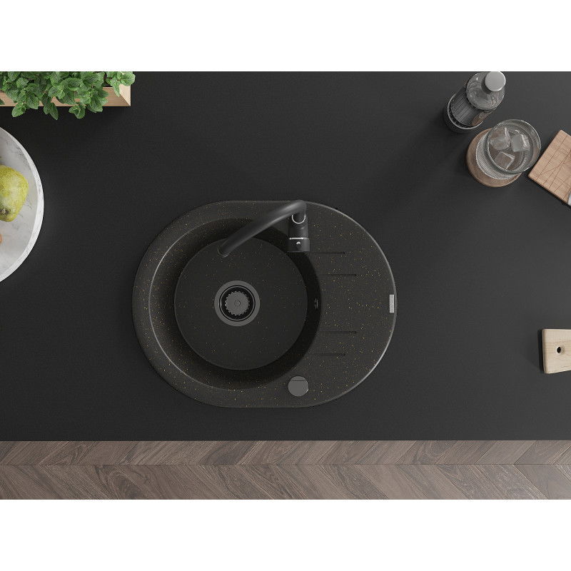 Mexen Kevin granite kitchen sink 1-bowl with drainer and Telma kitchen tap, black/gold metallic - 6517-75-670200-70-B