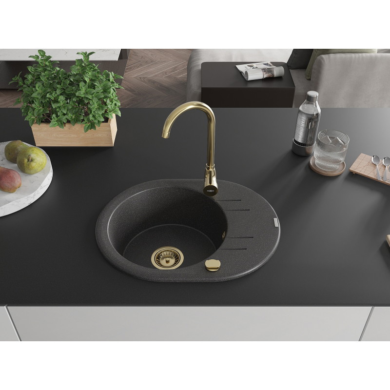 Mexen Kevin granite sink 1-bowl with drainer and Telma kitchen faucet, black speckled - 6517-76-670200-50