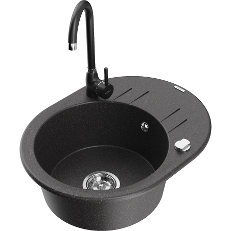 Mexen Kevin 1-bowl granite sink with drainer and Telma kitchen faucet, speckled black - 6517-76-670200-70