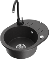 Mexen Kevin single-bowl granite sink with drainer and Telma kitchen tap, black speckled - 6517-76-670200-70