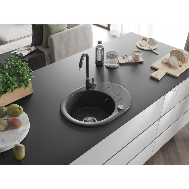 Mexen Kevin 1-bowl granite sink with drainer and Telma kitchen faucet, speckled - 6517-76-670200-76