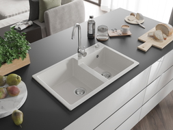 Mexen Tomas granite double-bowl sink 800 x 500 mm, white, chrome siphon - 6516802000-20