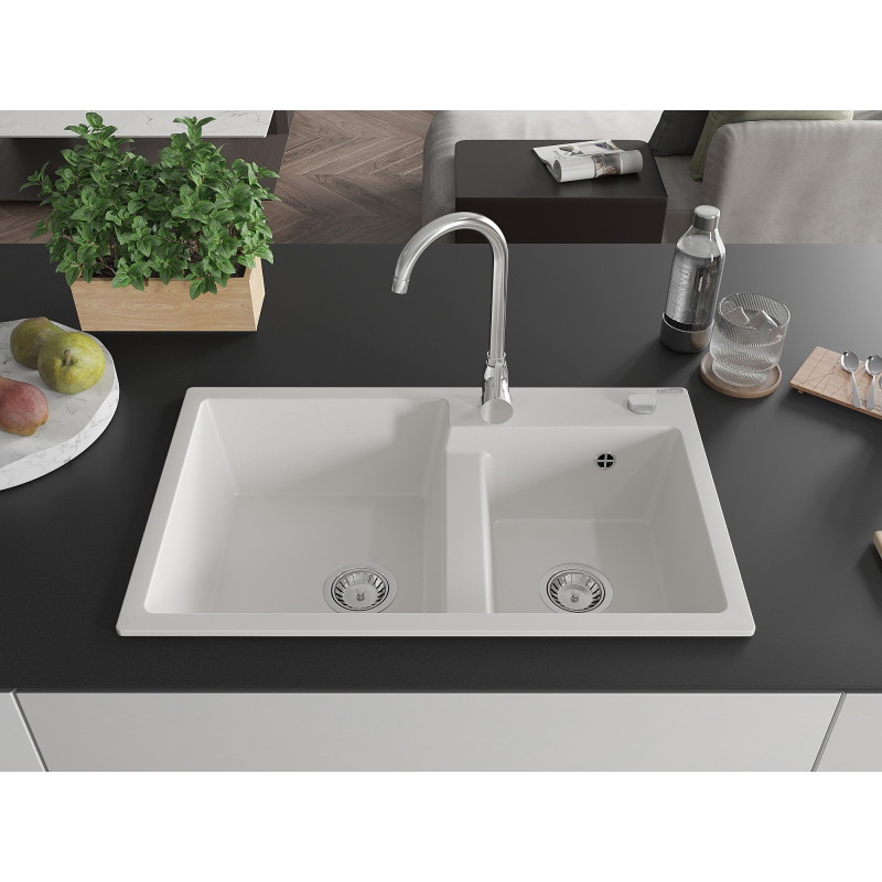 Mexen Tomas 2-bowl granite sink 800 x 500 mm, white, chrome siphon - 6516802000-20