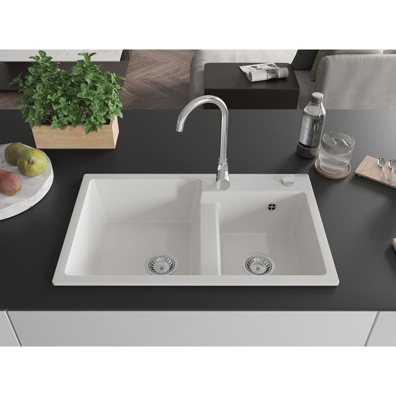 Mexen Tomas granite double-bowl sink 800 x 500 mm, white, chrome siphon - 6516802000-20