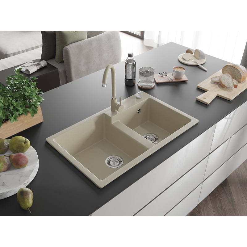 Mexen Tomas granite double-bowl sink 800 x 500 mm, beige, chrome siphon - 6516802000-69