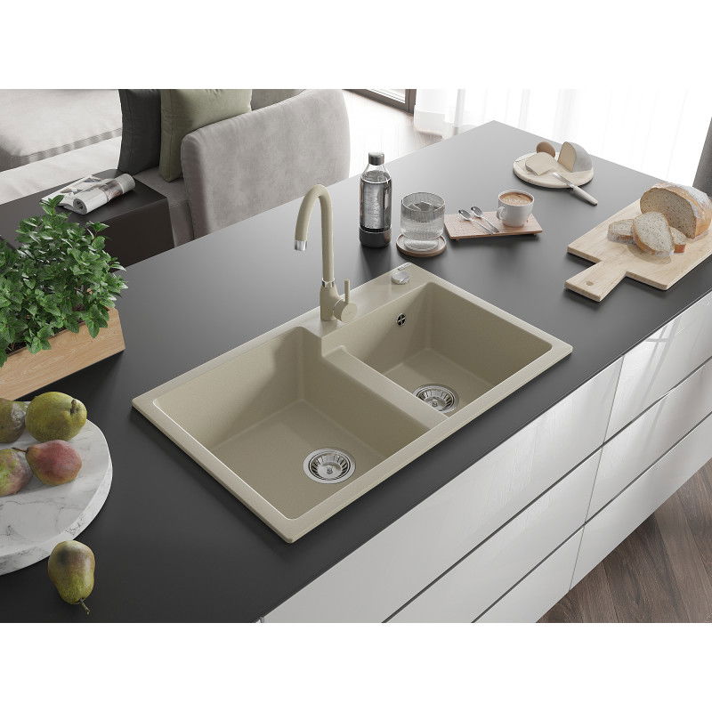 Mexen Tomas granite sink 2-bowl 800 x 500 mm, beige, chrome siphon - 6516802000-69