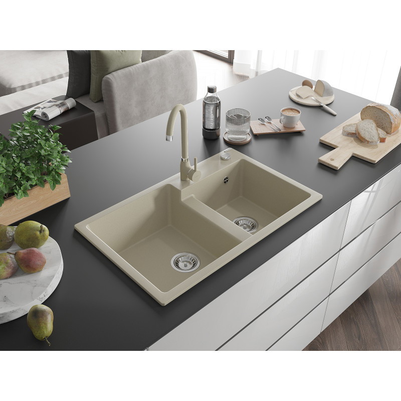 Mexen Tomas granite sink 2-chamber 800 x 500 mm, beige, chrome siphon - 6516802000-69