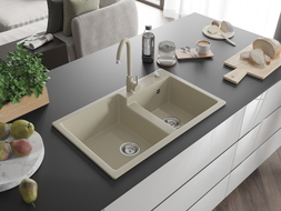Mexen Tomas granite sink 2-chamber 800 x 500 mm, beige, chrome siphon - 6516802000-69