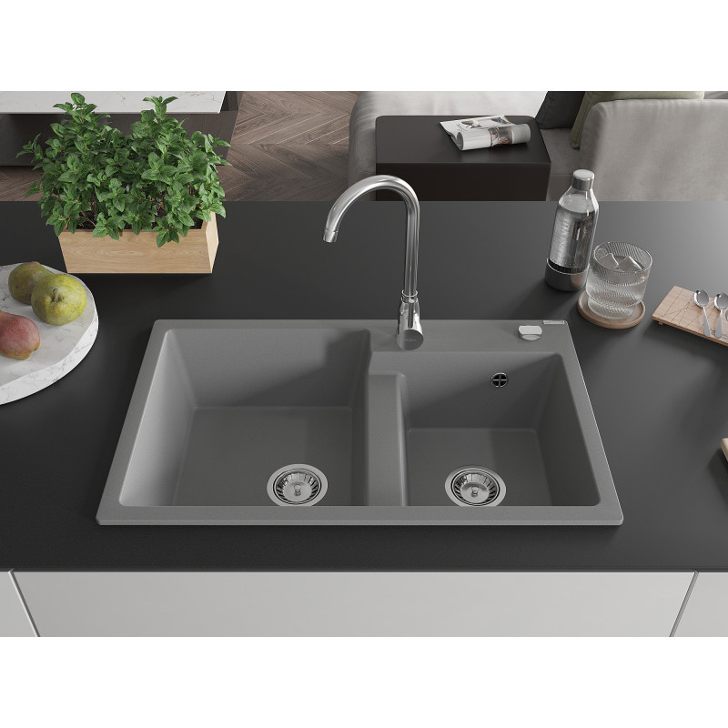 Mexen Tomas granite sink double-bowl 800 x 500 mm, gray, chrome siphon - 6516802000-71