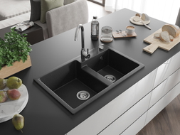 Mexen Tomas 2-bowl granite sink 800 x 500 mm, black/silver metallic, chrome siphon - 6516802000-73