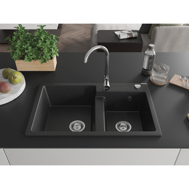 Mexen Tomas 2-bowl granite sink 800 x 500 mm, black/silver metallic, chrome siphon - 6516802000-73