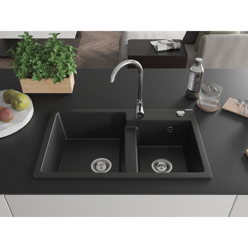 Mexen Tomas granite kitchen sink with 2 bowls 800 x 500 mm, black, chrome siphon - 6516802000-77