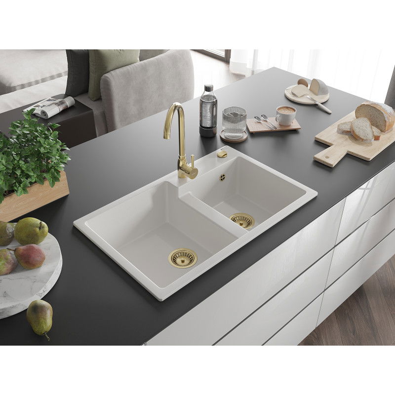 Mexen Tomas granite sink 2-chamber 800 x 500 mm, white, golden siphon - 6516802000-20-G