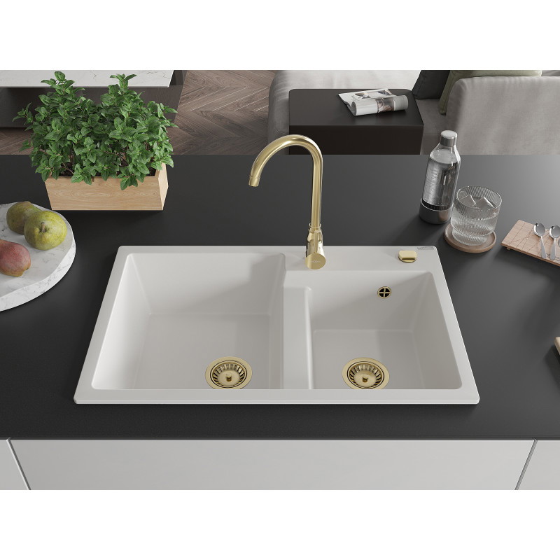Mexen Tomas granite sink 2-bowl 800 x 500 mm, white, gold siphon - 6516802000-20-G