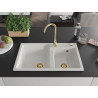 Mexen Tomas granite sink 2-bowl 800 x 500 mm, white, gold siphon - 6516802000-20-G
