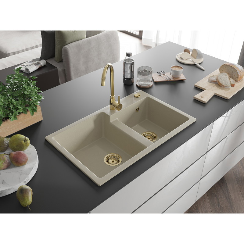 Mexen Tomas 2-bowl granite sink 800 x 500 mm, beige, gold siphon - 6516802000-69-G