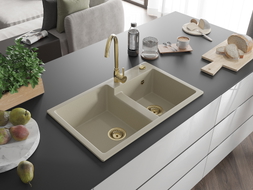 Mexen Tomas 2-bowl granite sink 800 x 500 mm, beige, gold siphon - 6516802000-69-G