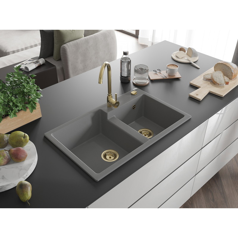 Mexen Tomas granite kitchen sink with 2 bowls 800 x 500 mm, gray, golden siphon - 6516802000-71-G
