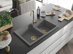 Mexen Tomas granite kitchen sink with 2 bowls 800 x 500 mm, gray, golden siphon - 6516802000-71-G
