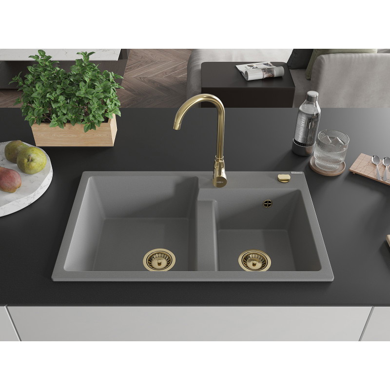 Mexen Tomas granite kitchen sink with 2 bowls 800 x 500 mm, gray, golden siphon - 6516802000-71-G