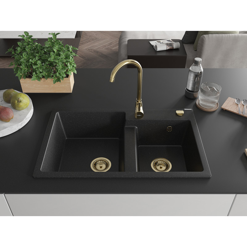 Mexen Tomas 2-compartment granite sink 800 x 500 mm, black/silver metallic, gold siphon - 6516802000-73-G