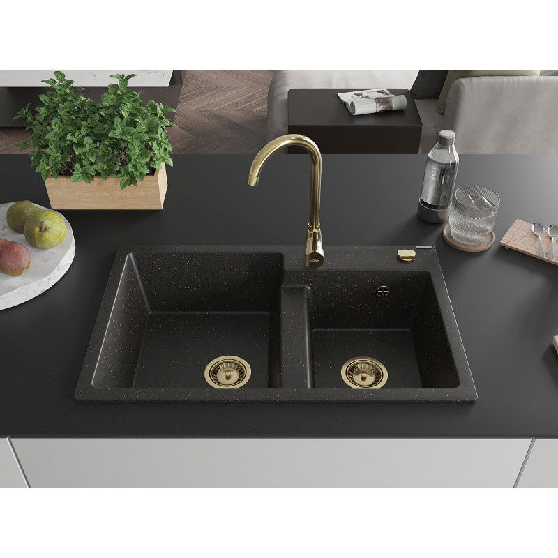 Mexen Tomas Granite Sink 2-Bowl 800 x 500 mm, Black/Gold Metallic, Gold Syphon - 6516802000-75-G
