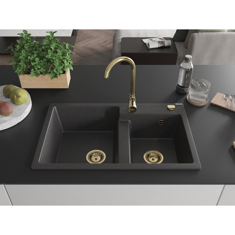 Mexen Tomas granite double bowl sink 800 x 500 mm, black speckled, gold siphon - 6516802000-76-G