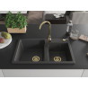 Mexen Tomas granite double bowl sink 800 x 500 mm, black speckled, gold siphon - 6516802000-76-G