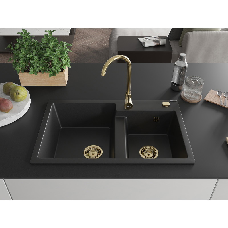Mexen Tomas 2-bowl granite sink 800 x 500 mm, black, golden siphon - 6516802000-77-G