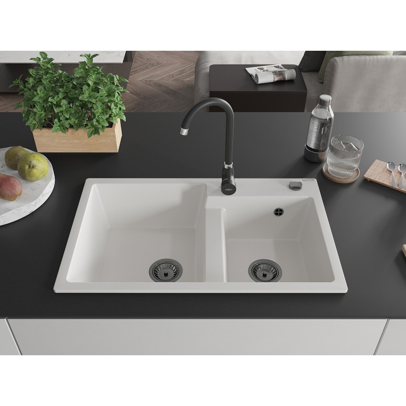 Mexen Tomas 2-bowl Granite Sink 800 x 500 mm, White, Black Siphon - 6516802000-20-B