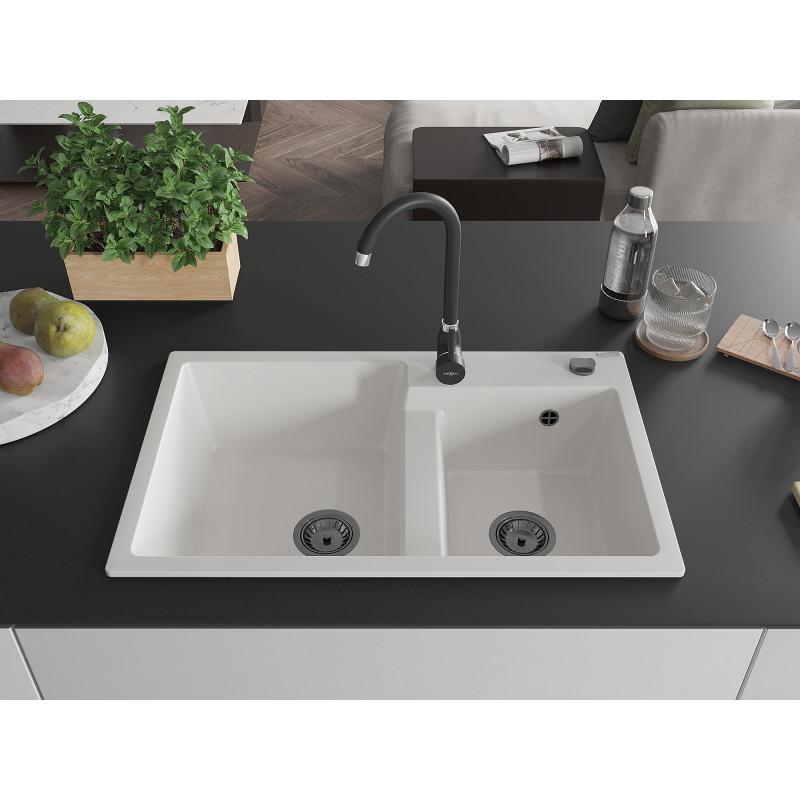 Mexen Tomas granite double-bowl sink 800 x 500 mm, white, black siphon - 6516802000-20-B