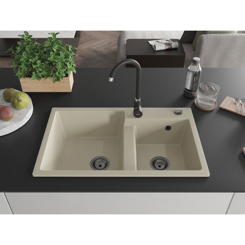 Mexen Tomas granite sink 2-bowl 800 x 500 mm, beige, black siphon - 6516802000-69-B