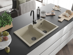 Mexen Tomas granite sink 2-bowl 800 x 500 mm, beige, black siphon - 6516802000-69-B
