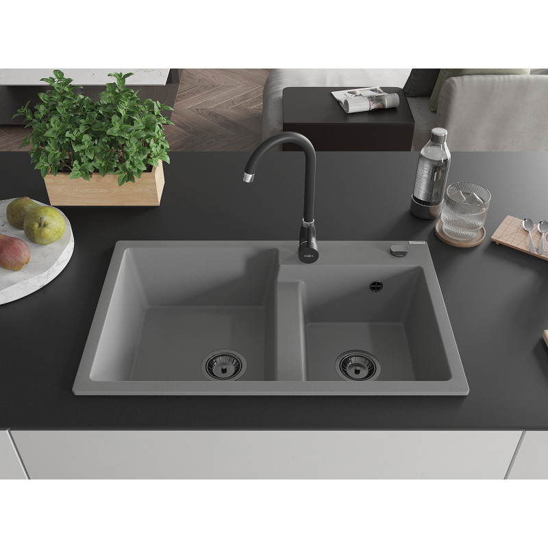 Mexen Tomas granite double-bowl sink 800 x 500 mm, gray, black siphon - 6516802000-71-B