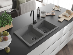 Mexen Tomas granite double-bowl sink 800 x 500 mm, gray, black siphon - 6516802000-71-B