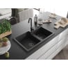 Mexen Tomas granite sink 2-bowl 800 x 500 mm, black/silver metallic, black siphon - 6516802000-73-B