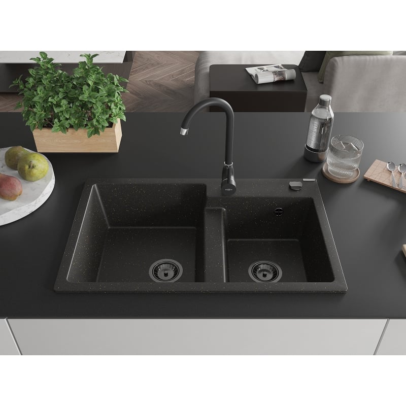 Mexen Tomas granite sink 2-chamber 800 x 500 mm, black/gold metallic, black siphon - 6516802000-75-B