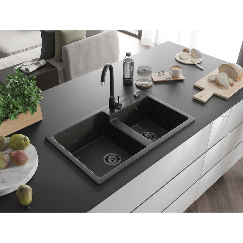 Mexen Tomas granite sink 2-chamber 800 x 500 mm, black/golden metallic, black siphon - 6516802000-75-B