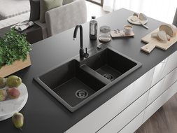 Mexen Tomas 2-compartment granite sink 800 x 500 mm, Black/Gold metallic, siphon Black - 6516802000-75-B