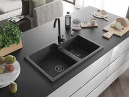 Mexen Tomas granite double-bowl sink 800 x 500 mm, black speckled, black siphon - 6516802000-76-B