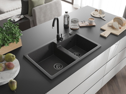 Mexen Tomas granite sink 2-chamber 800 x 500 mm, black speckled, black siphon - 6516802000-76-B