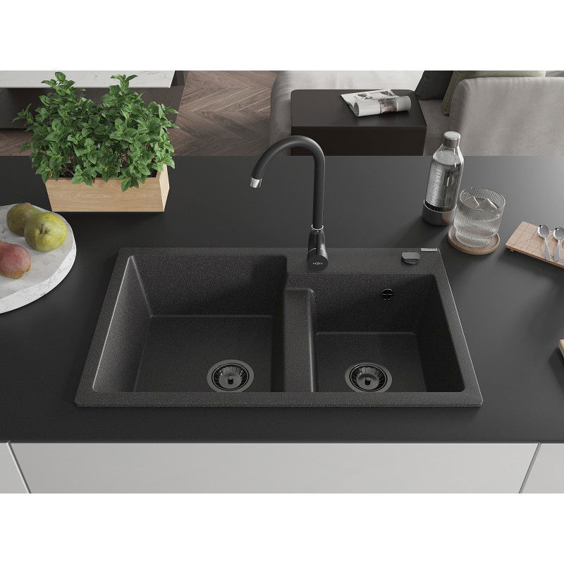 Mexen Tomas granite sink 2-chamber 800 x 500 mm, black speckled, black siphon - 6516802000-76-B