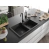Mexen Tomas granite sink, 2-bowl, 800 x 500 mm, black, black siphon - 6516802000-77-B