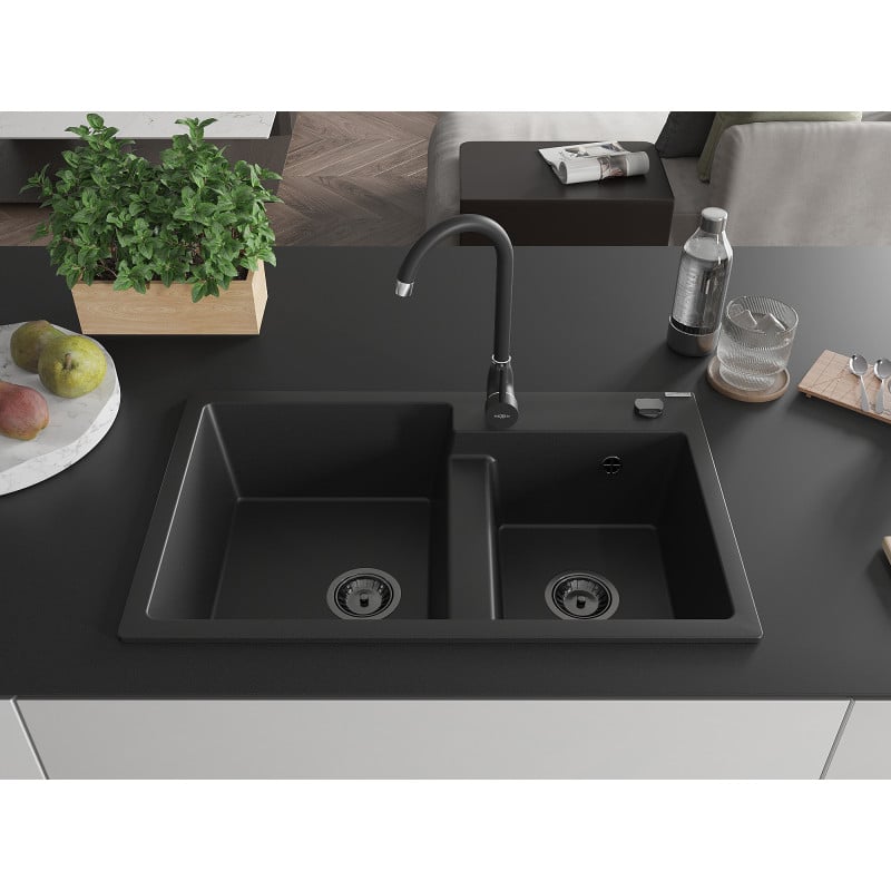 Mexen Tomas granite sink, 2-bowl, 800 x 500 mm, black, black siphon - 6516802000-77-B