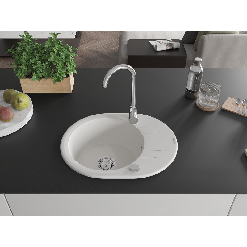 Mexen Kevin granite sink 1-bowl with drainer 586 x 458 mm, white, chrome siphon - 6517581005-20
